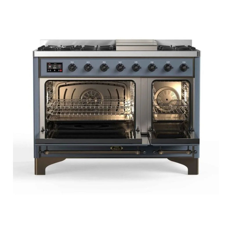 ILVE Majestic II 48" Dual Fuel Freestanding Range in Blue Grey with Burnished Trim, UM12FDNS3BGB