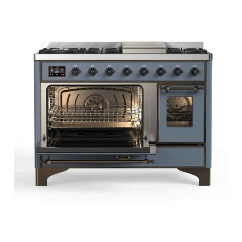 ILVE Majestic II 48" Dual Fuel Freestanding Range in Blue Grey with Burnished Trim, UM12FDNS3BGB