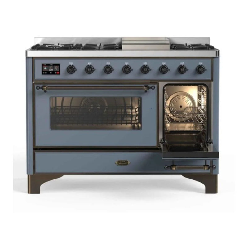 ILVE Majestic II 48" Dual Fuel Freestanding Range in Blue Grey with Burnished Trim, UM12FDNS3BGB