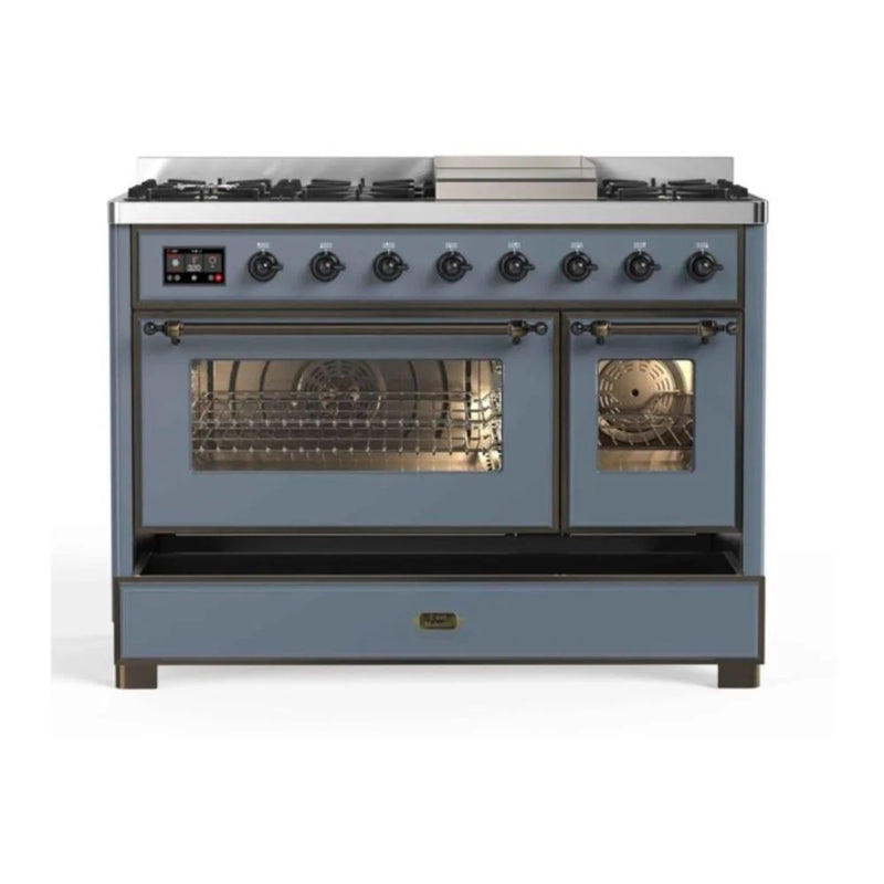 ILVE Majestic II 48" Dual Fuel Freestanding Range in Blue Grey with Burnished Trim, UM12FDNS3BGB