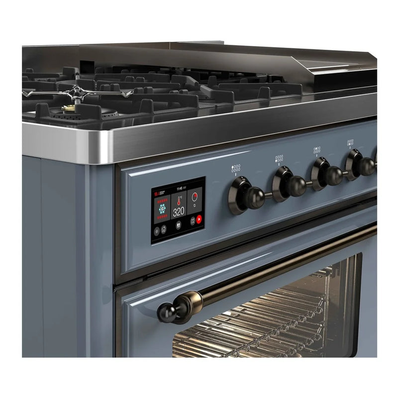 ILVE Majestic II 48" Dual Fuel Freestanding Range in Blue Grey with Burnished Trim, UM12FDNS3BGB
