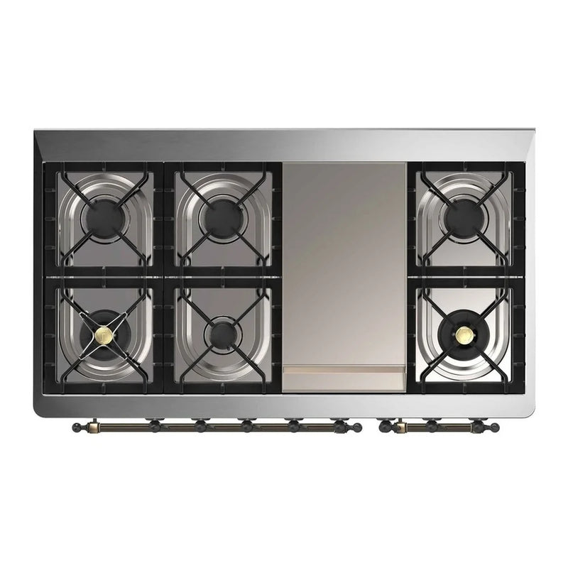 ILVE Majestic II 48" Dual Fuel Freestanding Range in Blue Grey with Burnished Trim, UM12FDNS3BGB
