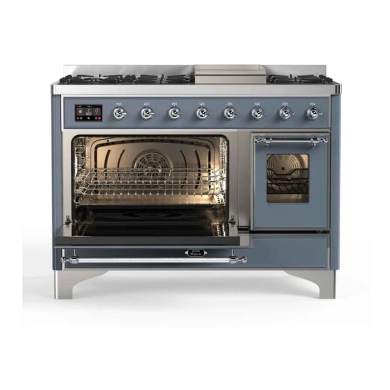 ILVE Majestic II 48" Dual Fuel Freestanding Range in Blue Grey with Chrome Trim, UM12FDNS3BGCLP