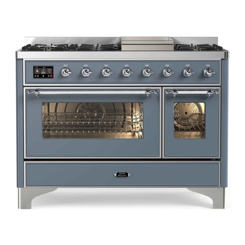 ILVE Majestic II 48" Dual Fuel Freestanding Range in Blue Grey with Chrome Trim, UM12FDNS3BGC