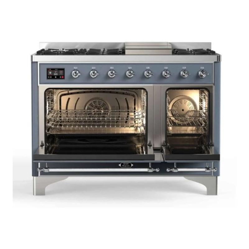 ILVE Majestic II 48" Dual Fuel Freestanding Range in Blue Grey with Chrome Trim, UM12FDNS3BGC