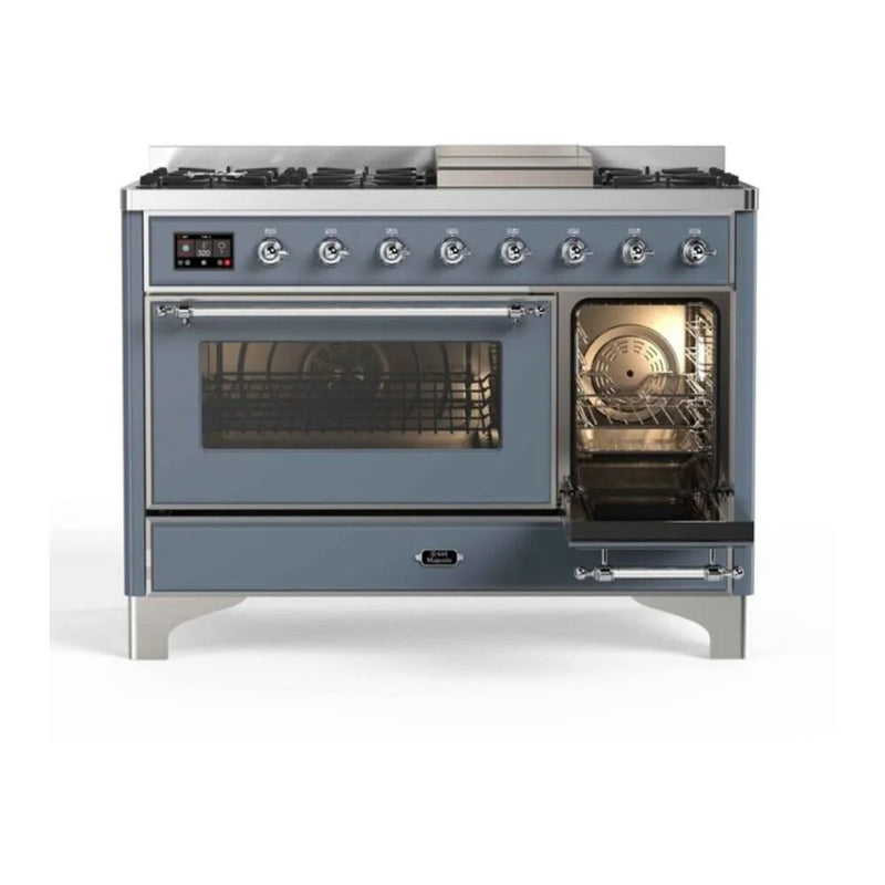 ILVE Majestic II 48" Dual Fuel Freestanding Range in Blue Grey with Chrome Trim, UM12FDNS3BGC