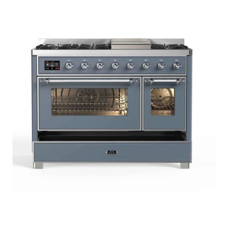 ILVE Majestic II 48" Dual Fuel Freestanding Range in Blue Grey with Chrome Trim, UM12FDNS3BGC