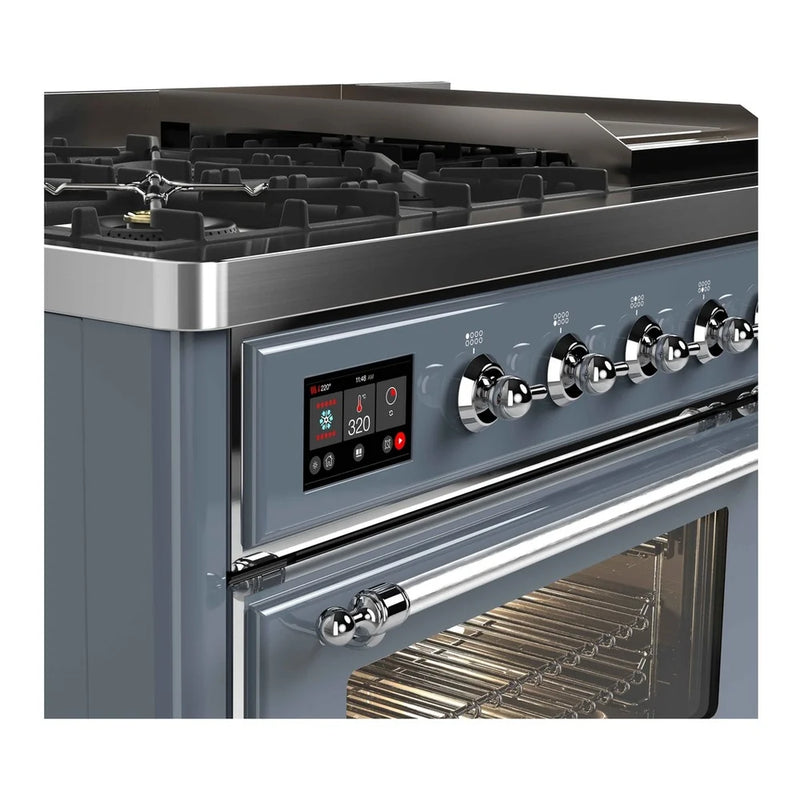 ILVE Majestic II 48" Dual Fuel Freestanding Range in Blue Grey with Chrome Trim, UM12FDNS3BGC
