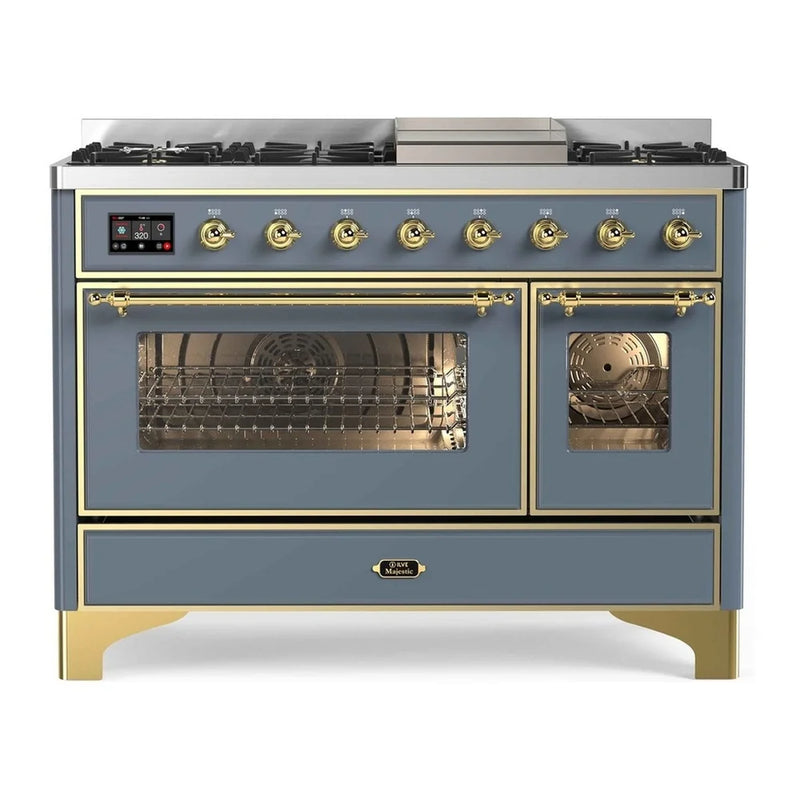 ILVE Majestic II 48" Dual Fuel Freestanding Range in Blue Grey with Brass Trim, UM12FDNS3BGGLP