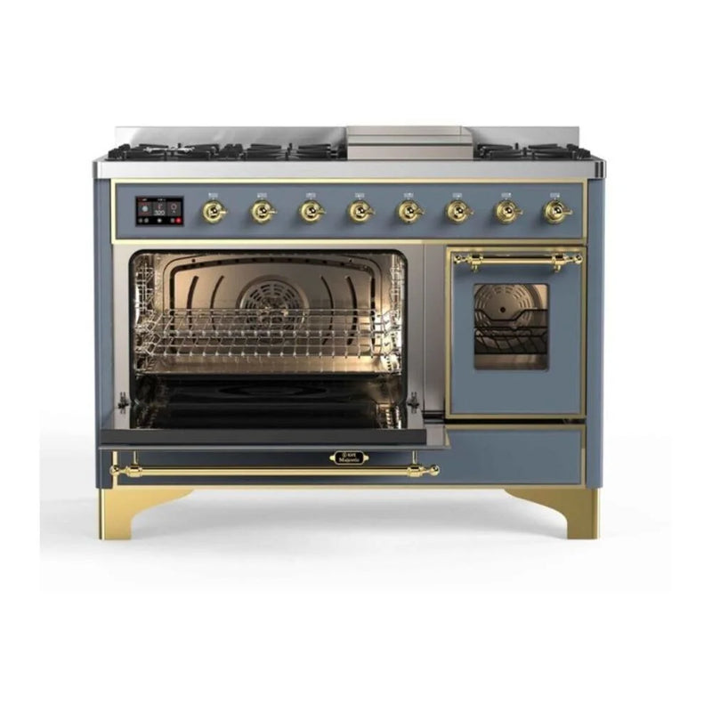 ILVE Majestic II 48" Dual Fuel Freestanding Range in Blue Grey with Brass Trim, UM12FDNS3BGG