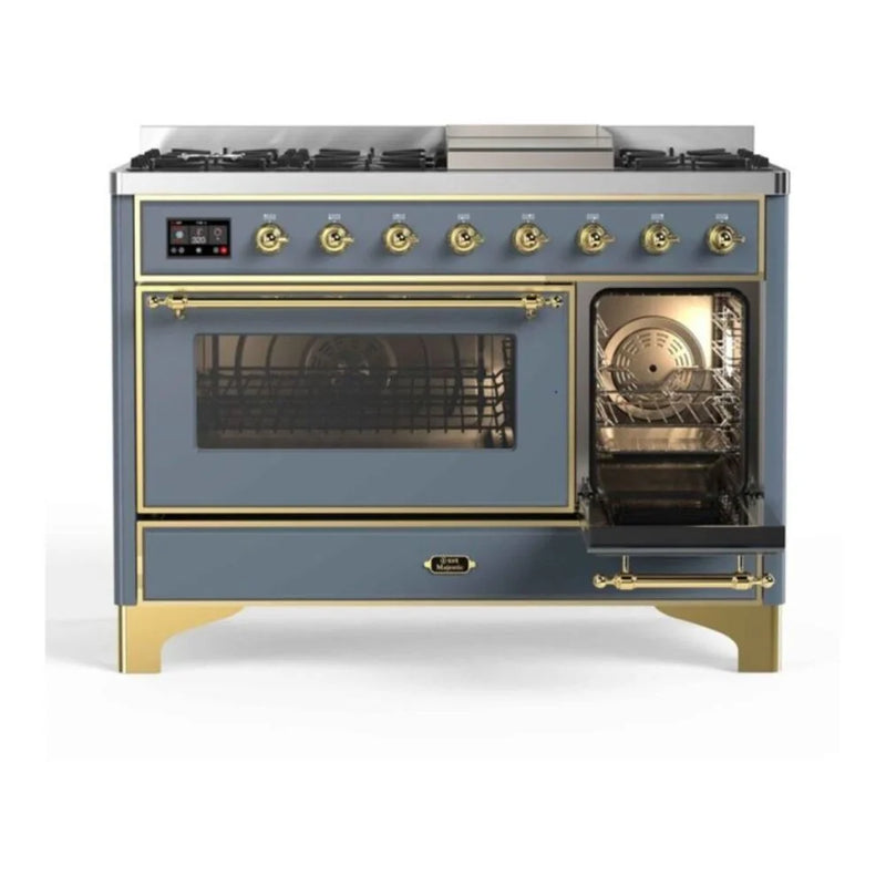 ILVE Majestic II 48" Dual Fuel Freestanding Range in Blue Grey with Brass Trim, UM12FDNS3BGG