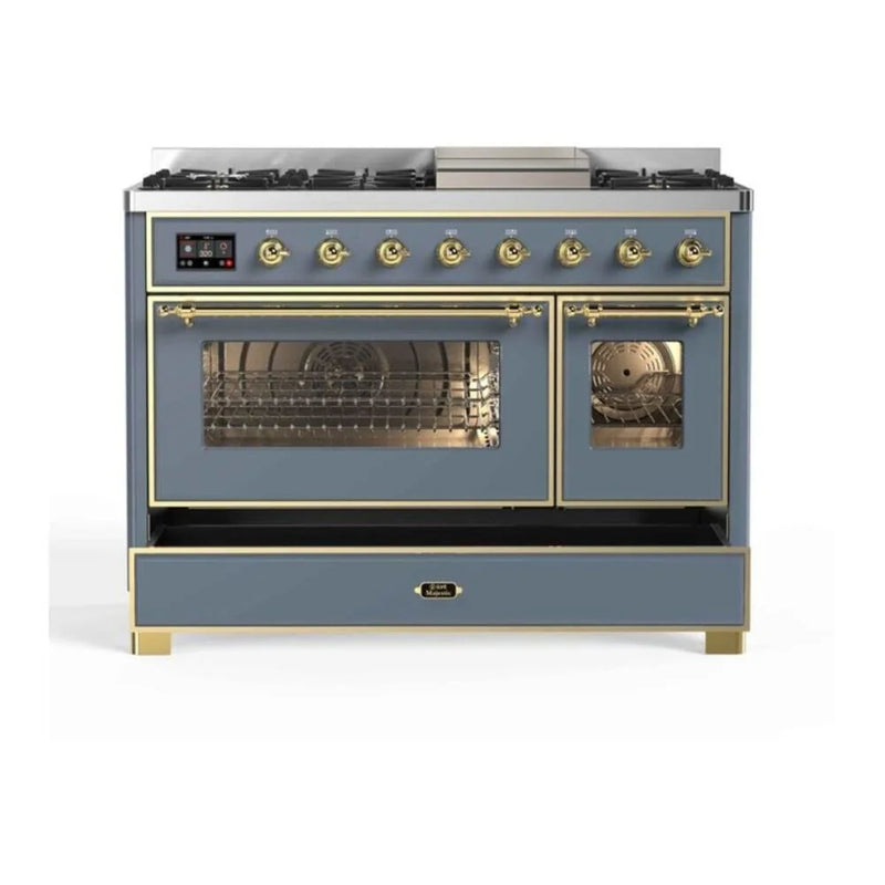 ILVE Majestic II 48" Dual Fuel Freestanding Range in Blue Grey with Brass Trim, UM12FDNS3BGG