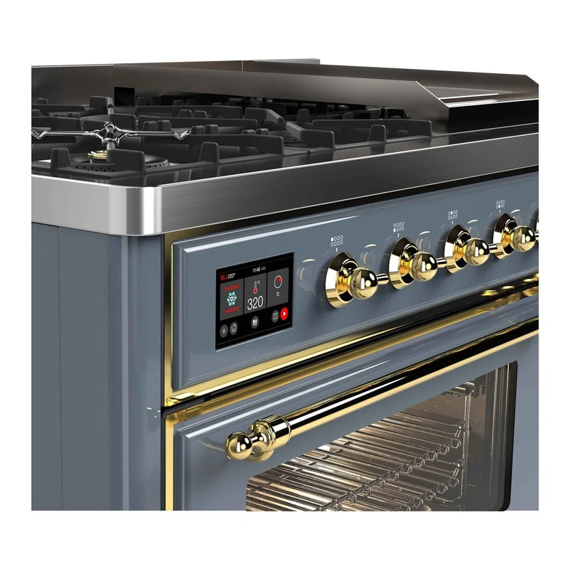 ILVE Majestic II 48" Dual Fuel Freestanding Range in Blue Grey with Brass Trim, UM12FDNS3BGG