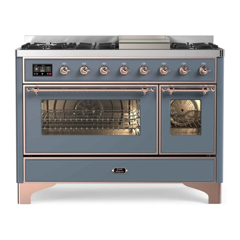 ILVE Majestic II 48" Dual Fuel Freestanding Range in Blue Grey with Copper Trim, UM12FDNS3BGPLP