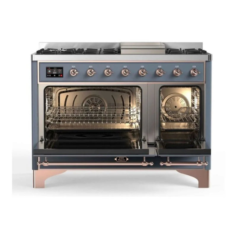ILVE Majestic II 48" Dual Fuel Freestanding Range in Blue Grey with Copper Trim, UM12FDNS3BGPLP