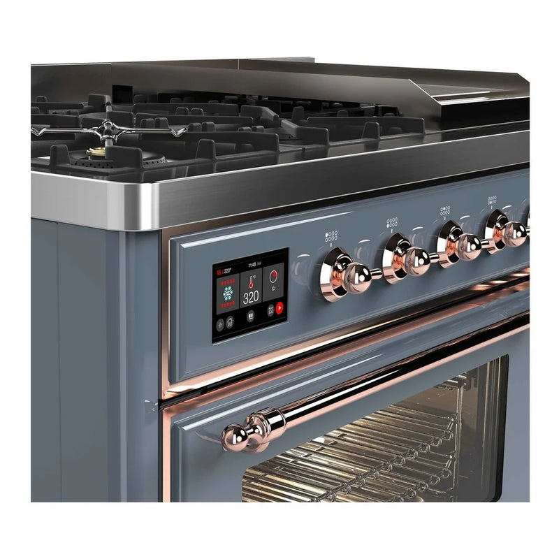 ILVE Majestic II 48" Dual Fuel Freestanding Range in Blue Grey with Copper Trim, UM12FDNS3BGPLP