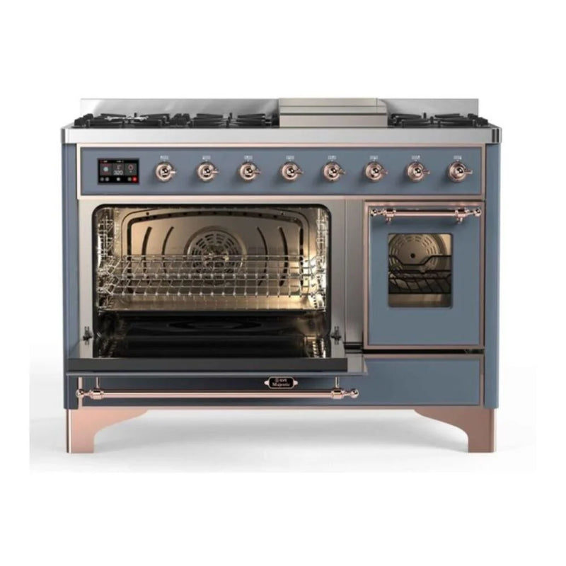 ILVE Majestic II 48" Dual Fuel Freestanding Range in Blue Grey with Copper Trim, UM12FDNS3BGP