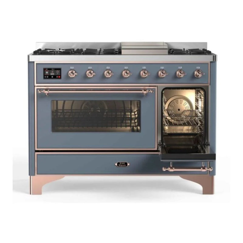 ILVE Majestic II 48" Dual Fuel Freestanding Range in Blue Grey with Copper Trim, UM12FDNS3BGP
