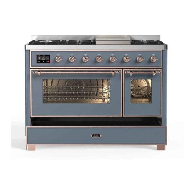 ILVE Majestic II 48" Dual Fuel Freestanding Range in Blue Grey with Copper Trim, UM12FDNS3BGP