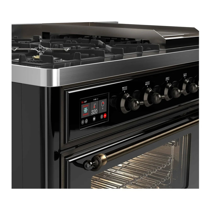 ILVE Majestic II 48" Dual Fuel Freestanding Range in Glossy Black with Burnished Trim, UM12FDNS3BKB