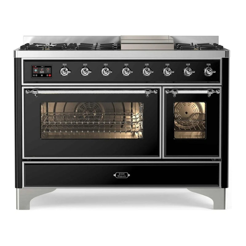 ILVE Majestic II 48" Dual Fuel Freestanding Range in Glossy Black with Chrome Trim, UM12FDNS3BKCLP