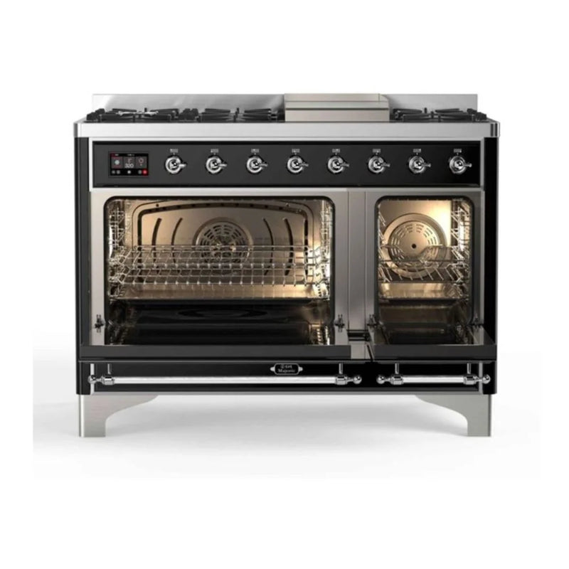 ILVE Majestic II 48" Dual Fuel Freestanding Range in Glossy Black with Chrome Trim, UM12FDNS3BKCLP