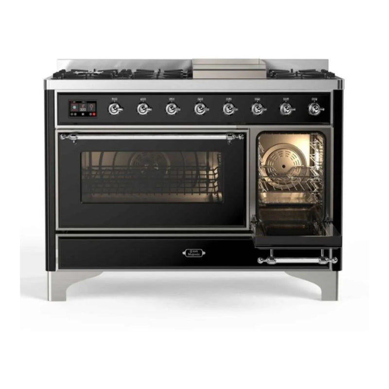 ILVE Majestic II 48" Dual Fuel Freestanding Range in Glossy Black with Chrome Trim, UM12FDNS3BKCLP