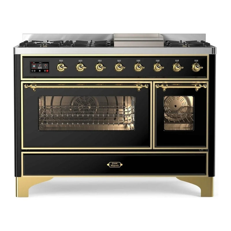 ILVE Majestic II 48" Dual Fuel Freestanding Range in Glossy Black with Brass Trim, UM12FDNS3BKGLP