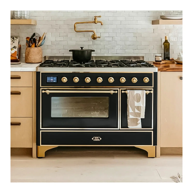 ILVE Majestic II 48" Dual Fuel Freestanding Range in Glossy Black with Brass Trim, UM12FDNS3BKGLP