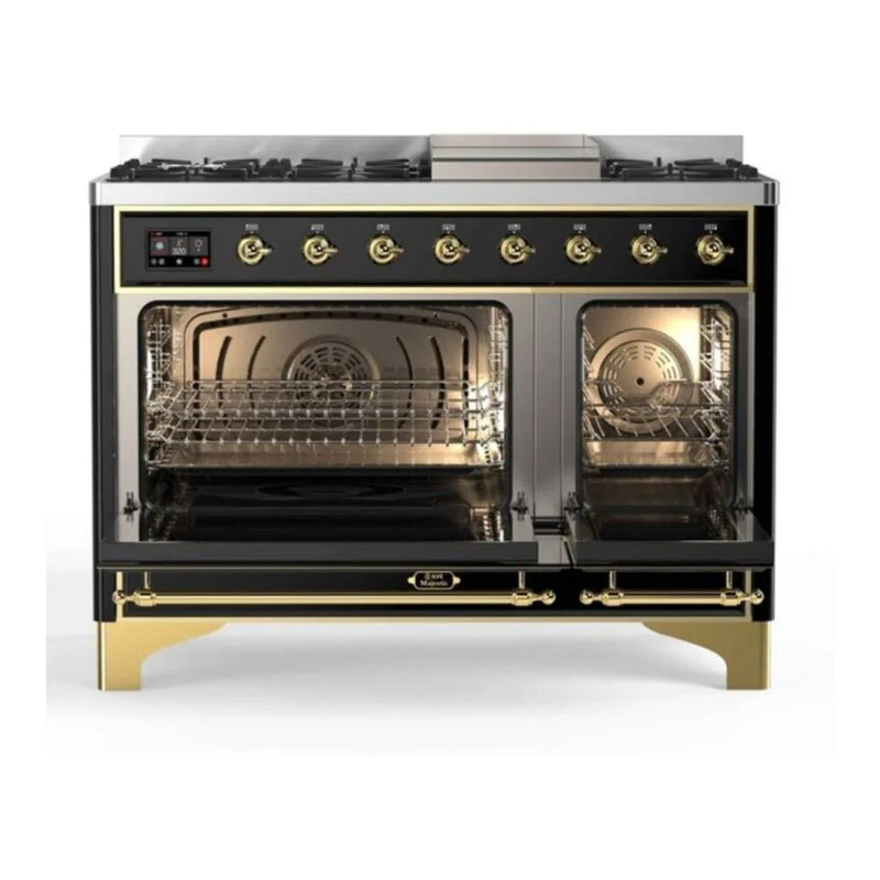 ILVE Majestic II 48" Dual Fuel Freestanding Range in Glossy Black with Brass Trim, UM12FDNS3BKGLP