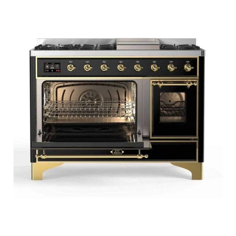 ILVE Majestic II 48" Dual Fuel Freestanding Range in Glossy Black with Brass Trim, UM12FDNS3BKGLP