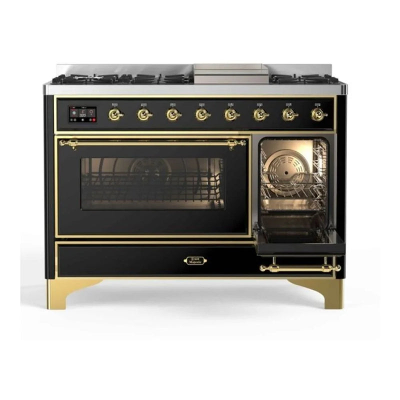 ILVE Majestic II 48" Dual Fuel Freestanding Range in Glossy Black with Brass Trim, UM12FDNS3BKGLP