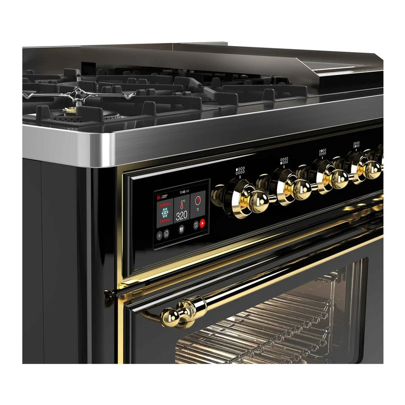 ILVE Majestic II 48" Dual Fuel Freestanding Range in Glossy Black with Brass Trim, UM12FDNS3BKGLP