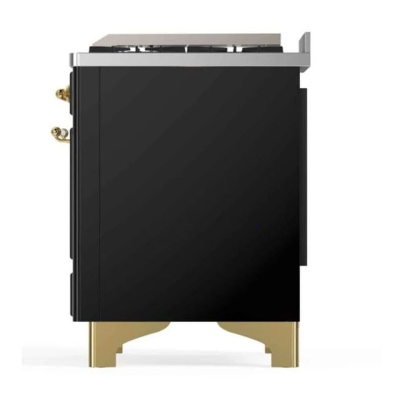 ILVE Majestic II 48" Dual Fuel Freestanding Range in Glossy Black with Brass Trim, UM12FDNS3BKGLP