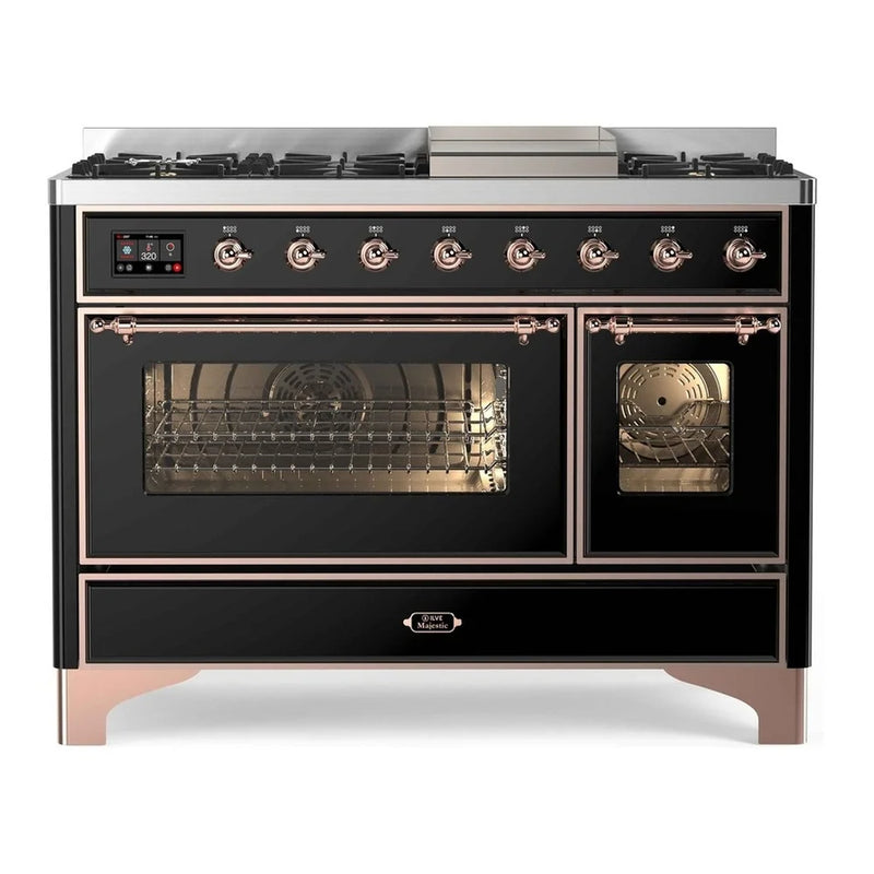 ILVE Majestic II 48" Dual Fuel Freestanding Range in Glossy Black with Copper Trim, UM12FDNS3BKPLP