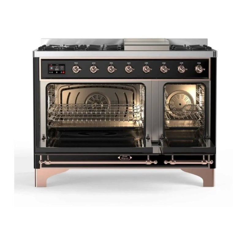ILVE Majestic II 48" Dual Fuel Freestanding Range in Glossy Black with Copper Trim, UM12FDNS3BKPLP
