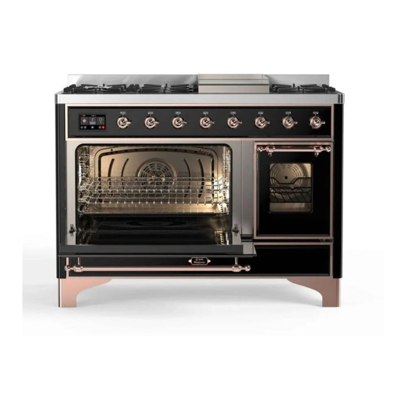 ILVE Majestic II 48" Dual Fuel Freestanding Range in Glossy Black with Copper Trim, UM12FDNS3BKPLP