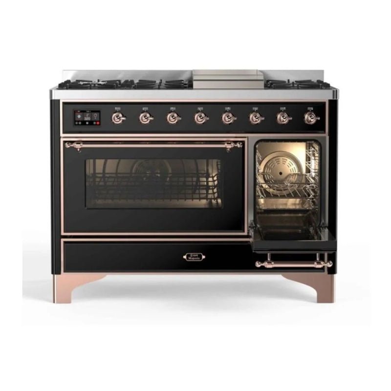 ILVE Majestic II 48" Dual Fuel Freestanding Range in Glossy Black with Copper Trim, UM12FDNS3BKPLP