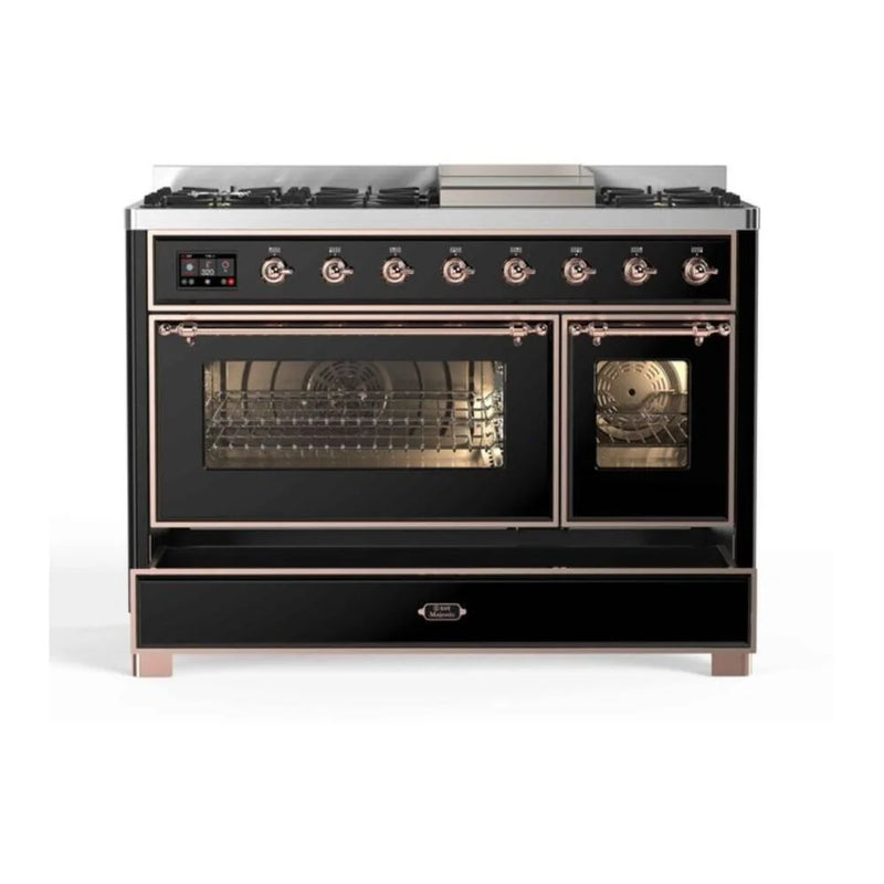 ILVE Majestic II 48" Dual Fuel Freestanding Range in Glossy Black with Copper Trim, UM12FDNS3BKPLP