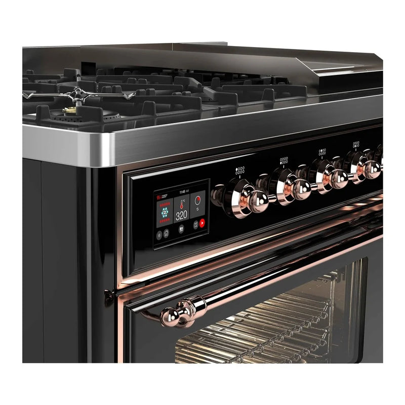ILVE Majestic II 48" Dual Fuel Freestanding Range in Glossy Black with Copper Trim, UM12FDNS3BKPLP