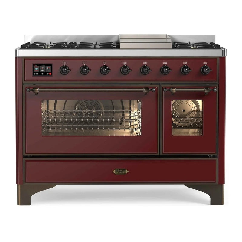 ILVE Majestic II 48" Dual Fuel Freestanding Range in Burgundy with Burnished Trim, UM12FDNS3BUBLP