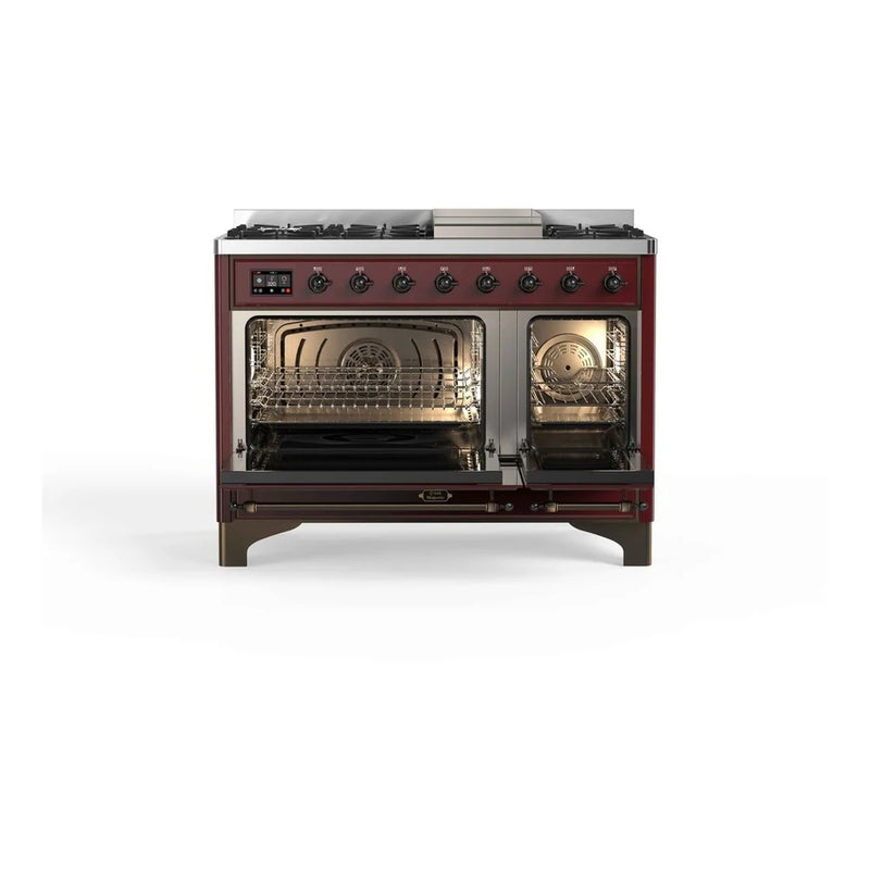 ILVE Majestic II 48" Dual Fuel Freestanding Range in Burgundy with Burnished Trim, UM12FDNS3BUBLP