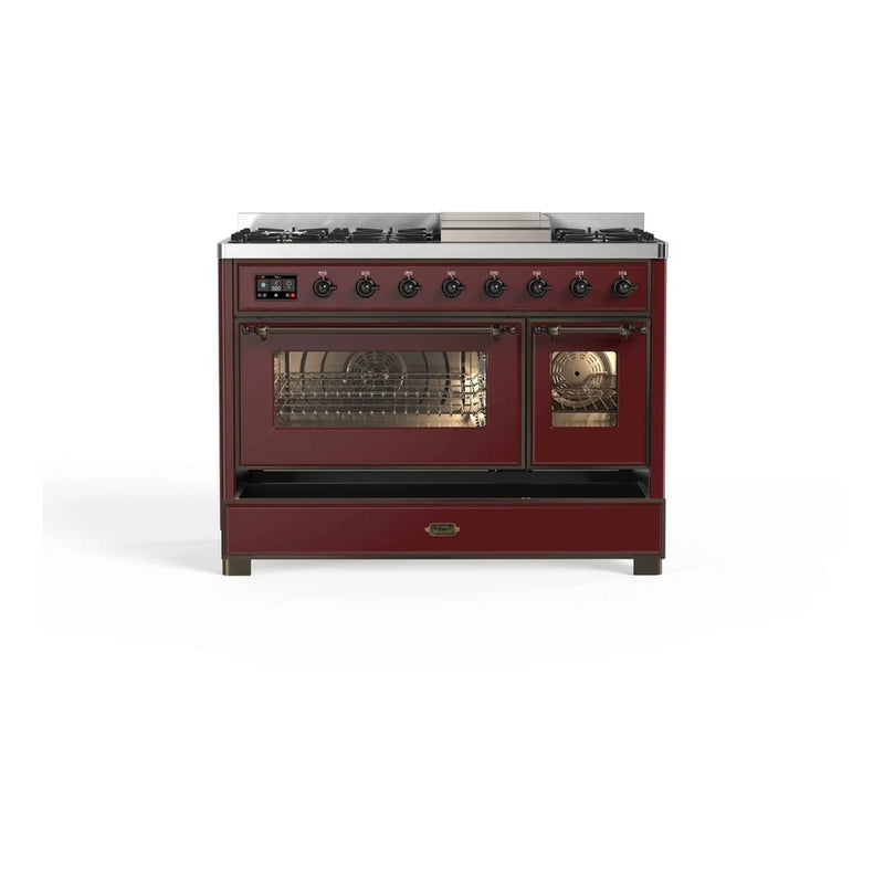 ILVE Majestic II 48" Dual Fuel Freestanding Range in Burgundy with Burnished Trim, UM12FDNS3BUBLP