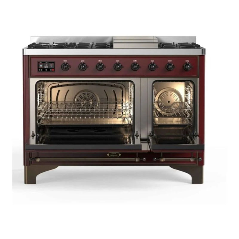 ILVE Majestic II 48" Dual Fuel Freestanding Range in Burgundy with Burnished Trim, UM12FDNS3BUB