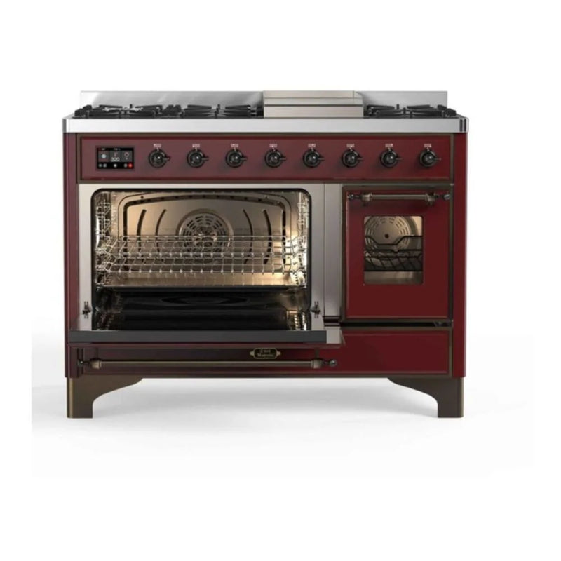 ILVE Majestic II 48" Dual Fuel Freestanding Range in Burgundy with Burnished Trim, UM12FDNS3BUB