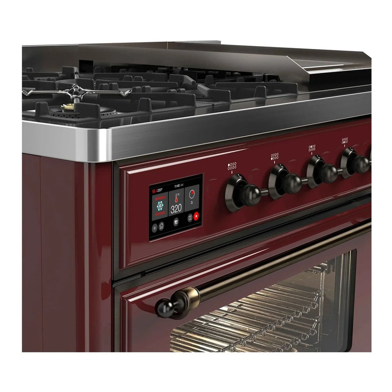 ILVE Majestic II 48" Dual Fuel Freestanding Range in Burgundy with Burnished Trim, UM12FDNS3BUB