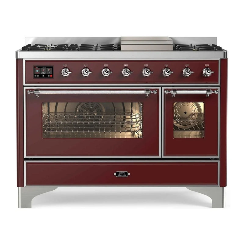 ILVE Majestic II 48" Dual Fuel Freestanding Range in Burgundy with Chrome Trim, UM12FDNS3BUCLP