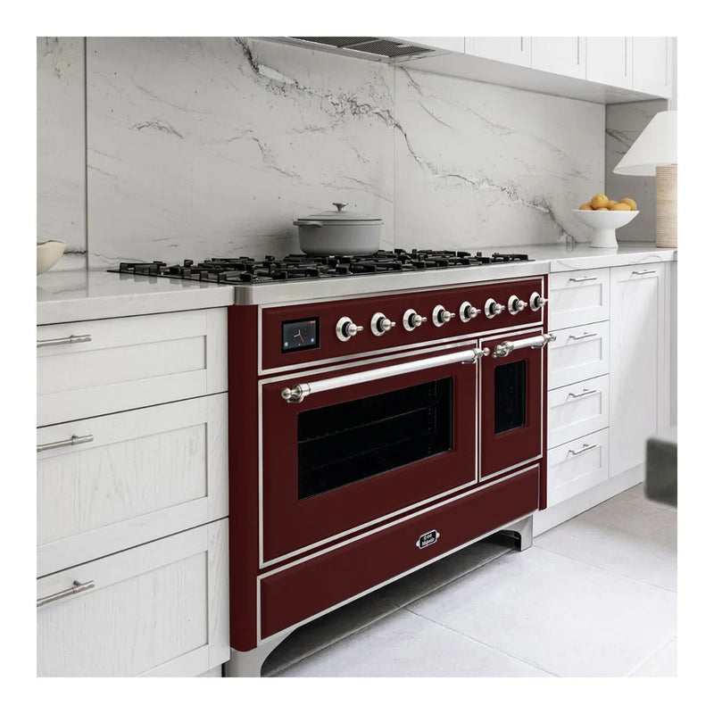 ILVE Majestic II 48" Dual Fuel Freestanding Range in Burgundy with Chrome Trim, UM12FDNS3BUC