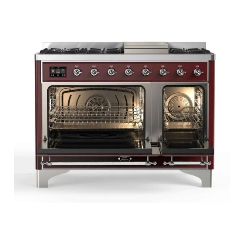 ILVE Majestic II 48" Dual Fuel Freestanding Range in Burgundy with Chrome Trim, UM12FDNS3BUC