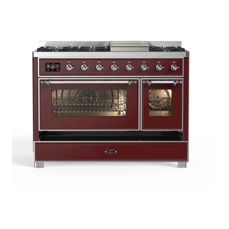 ILVE Majestic II 48" Dual Fuel Freestanding Range in Burgundy with Chrome Trim, UM12FDNS3BUC